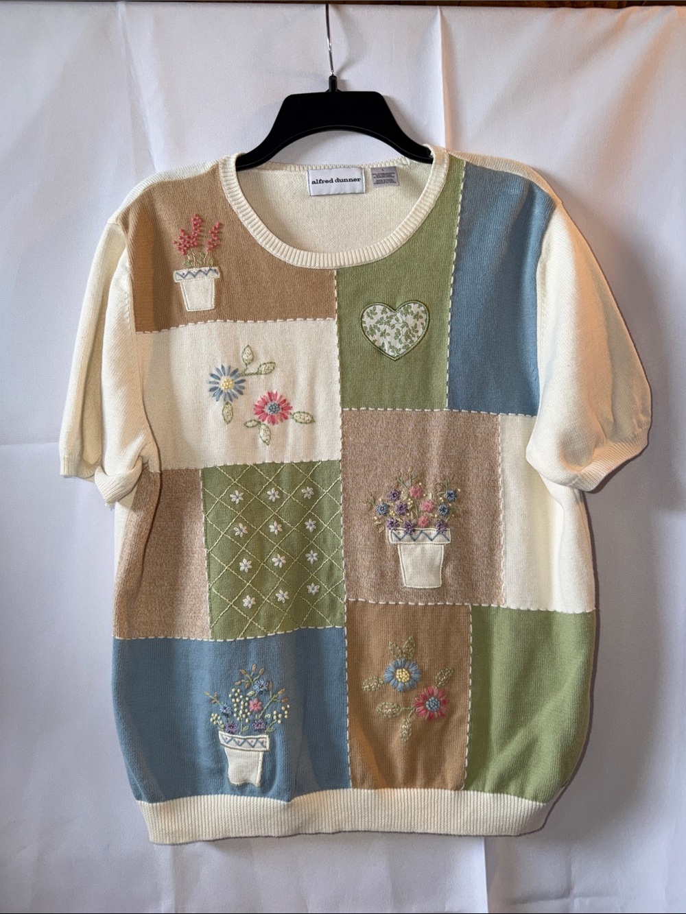 VINTAGE Alfred Dunner Patchwork Embroidered Short-Sleeve Sweater - Cream/Multi